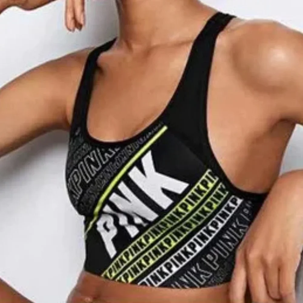 PINK Victoria's Secret Ultimate Unlined Logo Print Sports Bra Black Yellow S